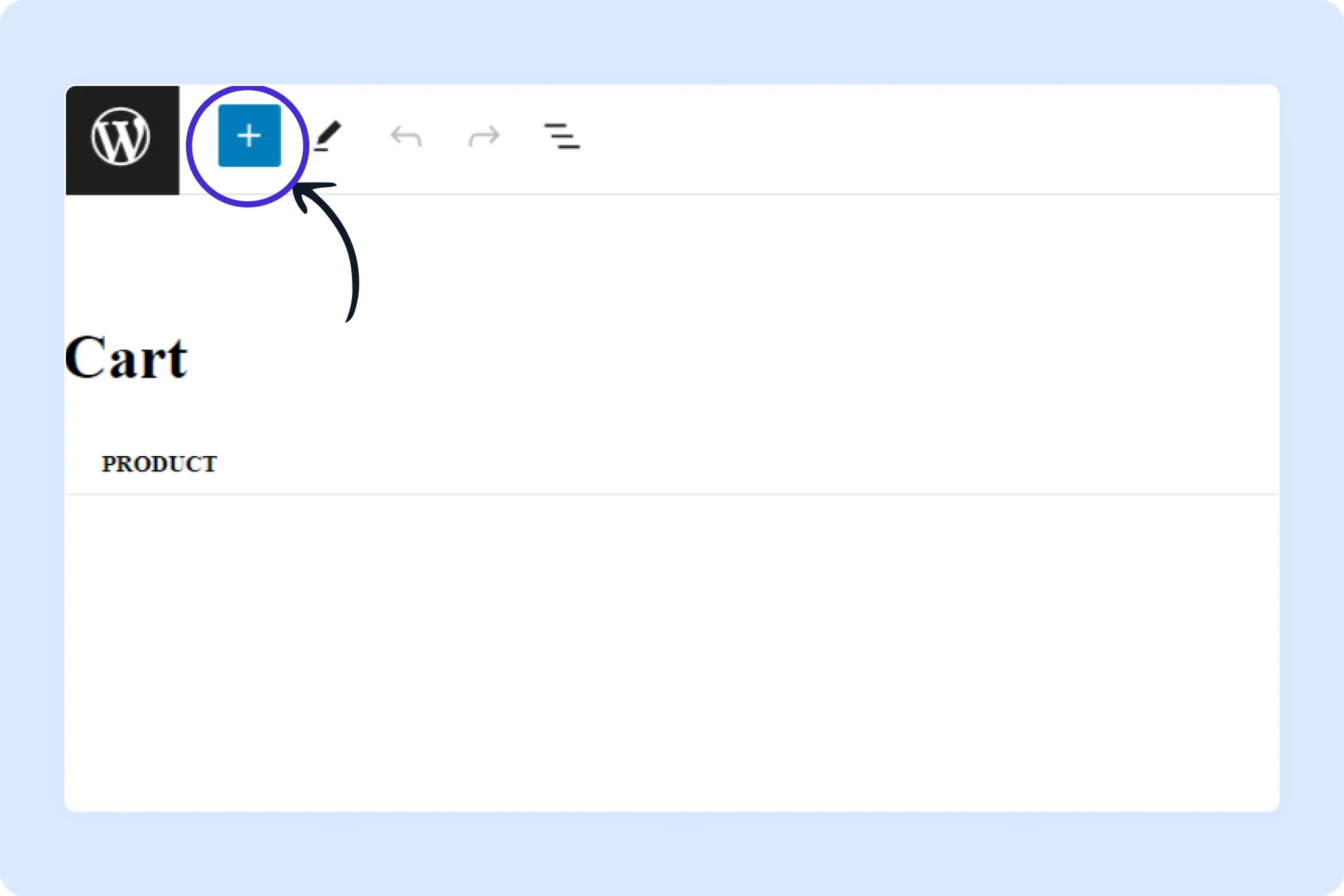 Click on the + button on the WordPress page